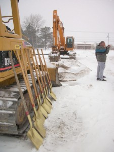 The heavy equipment and “golden shovels” were ready to go for the snowing groundbreaking for the Hamlin Public Library.