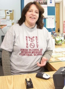 Byron-Bergen Library Director Nancy Bailey says it’s important for kids to learn how to handle bullying situations. The staff at the library has joined in the community wide effort to wear anti-bullying T-shirts on Thursdays. 