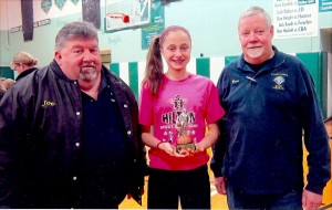 Knights Joe Lee and Dave Tresohlavy, with Linzee Reyes holding her free throw trophy.