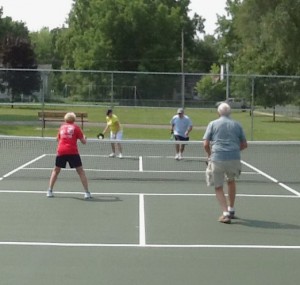 On the court: (left to right, back court) Barb Sciremammano, Losh Spalla, (front court) Carol Brakenbury and Jim Bolthouse.