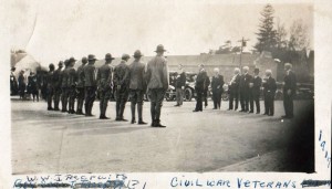 This photo provided by Hilton Historian Dave Crumb shows Civil War veterans lined up facing new World War I recruits on Main Street in Hilton about 1917. 