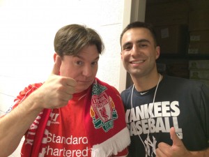 During his Yankee experience, opportunities to meet well known personalities as well as baseball players have added fun to the job. Here, Aaron is shown with actor Mike Myers in the clubhouse following a soccer match at Yankee Stadium. 