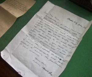 The desk display in the Insurance Office at Genesee Country Village and Museum in Mumford includes this handwritten letter. If you can’t read cursive, how would you get the message? Photograph by Kristina Gabalski.