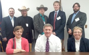 Monroe and Ontario County Farm Bureau members meet with Senator Rich Funke in Albany. Shown, from left (front row seated) Marie Krenzer of Monroe County Farm Bureau - MCFB, Senator Rich Funke, and back row standing: Kim Zuber of MCFB, Robert Colby of MCFB, (second and third from right). Others shown are Ontario County Farm Bureau members whose names were not provided.