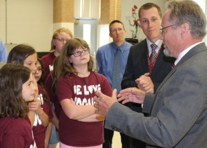 Students from Byron-Bergen Elementary, along with teacher Ken Rogoyski and Principal Brian Meister, ask questions about Commissioner Richard Ball’s job in Albany and his farm in Schoharie County. Provided photo