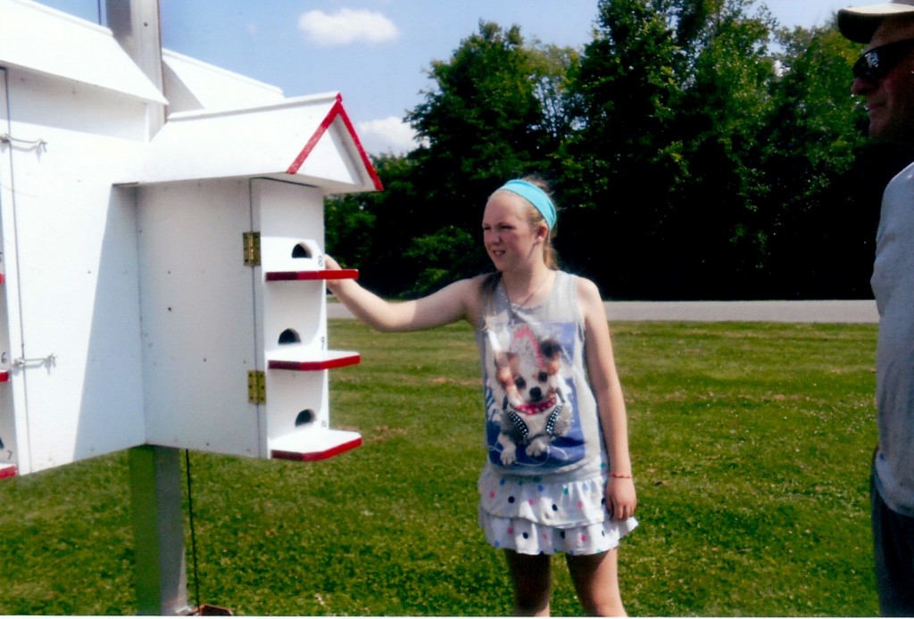 Emily Preston helps open a purple martin nesting box in the ‘condo’ at Hamlin Beach State Park while Jim Lugert supervises. Provided photo