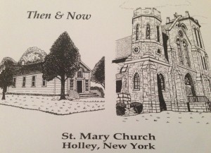 Then and now - This sketch of the first St. Mary’s Church and the current church is printed on anniversary souvenirs.