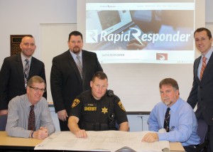 The administrative team at Byron-Bergen CSD begins work on implementation of the new Rapid Responder system. Standing (l-r) Jr./Sr. High School Interim Principal Patrick McGee, Superintendent Casey Kosiorek and Elementary School Principal Brian Meister. Sitting (l-r): Transportation Director Drew Doll, School Resource Officer Matt Butler, and Director of Facilities Mike List. Provided photo