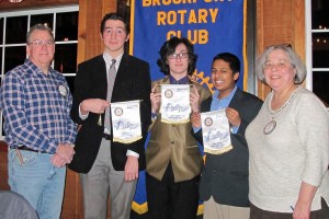 Brockport Rotary Brad Mitchell presents club banners to the three Brockport High School contestants, Max Sevor, Jacob Rogers and Neil Singh with local club contest Chair Lorrie D’Angelo. All three students did an outstanding job of writing and presenting their speeches on Rotary’s 4-Way Test - making for a very close race. Rogers and Sevor will go onto the Rotary District 7120 semifinals in February and possibly to the finals in March. Provided photo
