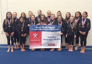 Bright Raven Level 4 Team - Third Place at Upstate Championships: (L-r) Front - Olivia Bieber, Katrina Daly, Meredith Fingler, Megan Piper, Alyse Ahlstom, Sophia Daeschner, Camryn Trybuskiewicz, and Vanesa Santiago; back - Emily Post, Lucy Ray, Grace Gocher, Addison Glozer, Jessica Brest, Hannah Kalb, Jessica Pelkey and Aliyah Gibson. (Not in photo - Natalie Wood). Provided photo