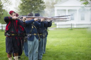 Union soldiers are poised for firing during the Civil War Re-enactment at Genesee Country Village & Museum. Provided photo