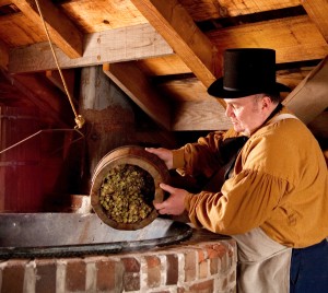 Brewer Brian Bagel adds dried hops in the process of brewing beer at Genesee Country Village & Museum. Provided photo