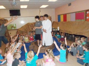 VBS teacher Lisa McNulty taught the kids that Jesus gives everyone courage as he did the disciple, Peter, and that all should follow Him. Playing the parts are Mark Gilbert as Jesus, Mike Gilbert as the disciple Peter and Andrew Getbehead as another disciple. Provided photo