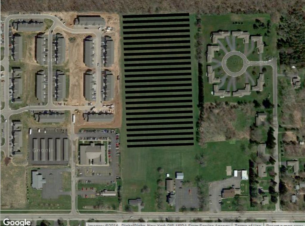 An aerial view of the suggested solar field to be implemented behind the Brockport Exempts Club.
