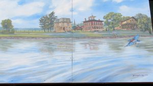  Three historic homes in Brockport - the Alumni House, the Morgan-Manning House and the Mary Jane Holmes house are featured in the mural. Kirby included many details in the mural for passers-bye to locate. K. Gabalski photo