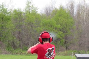 A member of the Holley Hawks Clay Target League team takes a shot at a clay target during the team’s weekly shoot May 11 at the Holley Rod & Gun Club. K. Gabalski photo
