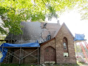 Photo of roof replacement work on Hillside Chapel being done October 17, 2017. Photo provided by Erin Anheier