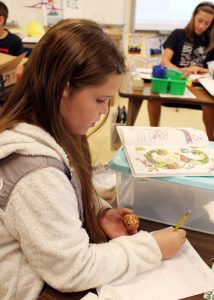 Addie Sloan, a fifth grader at Northwood Elementary School, takes notes on the items that she found in her Worldwide Culture Swap box. Provided photo