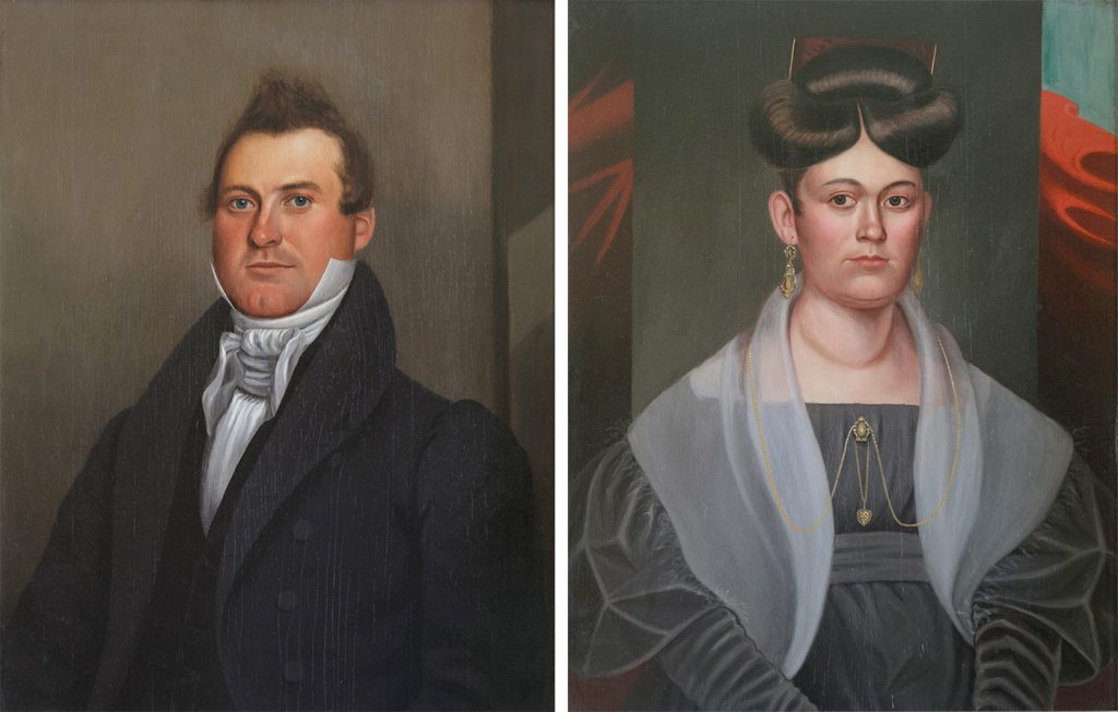These portraits of Hiel and Phebe Brockway, painted cc. 1825, hang in the back parlor of the Morgan-Manning House. Mary Lynne Turner will discuss mystery of how the portraits got to MM House since the Brockways were not related to the Morgan family. She will comment on the hairstyles, clothing and demeanor portrayed, reflecting the earlier Regency era rather than Victorian era styles. Provided photos