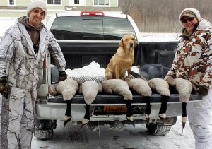(L to R) Joel Hendrick, Cove and “George Clooney” with a few March geese from last season. Provided photo