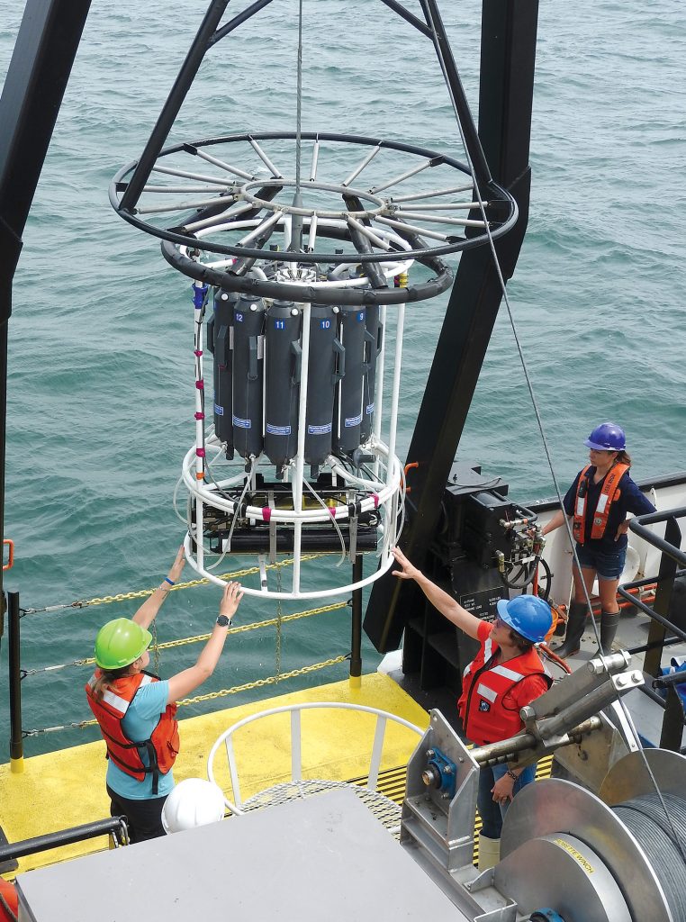 The Rosette is a workhorse for programs like the Water Quality Survey. This scientific equipment collects water samples at selected depths using twelve bottles. Attached directly below the Rosette is the Sea-Bird instrument with sensors that instantly measure temperature, depth, dissolved oxygen and more. The Rosette and Sea-Bird are part of a larger collection of scientific equipment on board the Lake Guardian that is used to collect samples. 