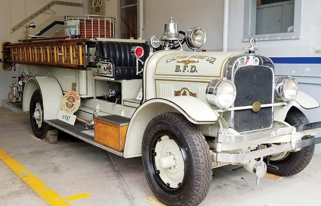 The headlights of this 1930 Seagrave “Suburbanite Pumper” can be seen peering out at Main Street through the windows of the firehouse garage doors. Called “The Grey Ghost” because of its unique color scheme, the Grey Ghost Exempt Association formed in 1967 and restored it to its present condition. Photo by Dianne Hickerson 