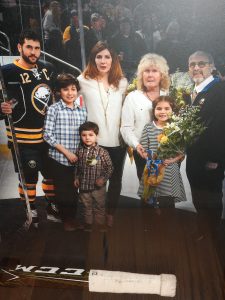 Brian Gionta pictured with his wife, three children and his parents at the celebration of his 1,000th NHL hockey game. Provided photo