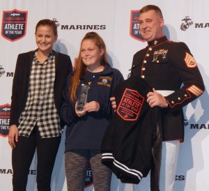 Spencerport’s Erin Coykendall (center) received the female MaxPreps Semper Fidelis High School Athlete of the Year Award, presented by the United States Marine Corps in June. Coykendall was part of the lacrosse, soccer, basketball and bowling teams. In November, Coykendall was one of 10 National Finalists, out of an applicant pool of nearly 42,000, for the Wendy’s High School Heisman. 