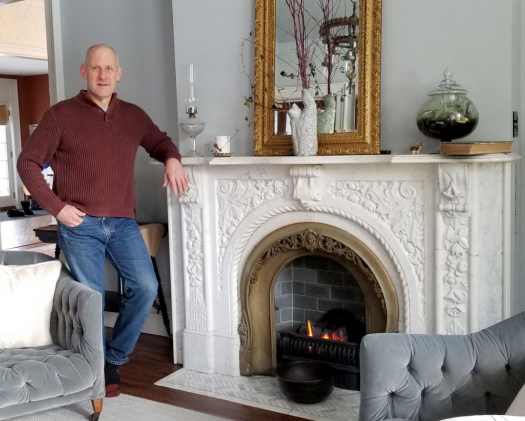 The marble fireplace is a feature in Chad Fabry’s Italianate Villa home west of Brockport. The fireplace was reconstructed from pieces retrieved from the demolished Strathallan Hotel in Rochester. Photo by Dianne Hickerson