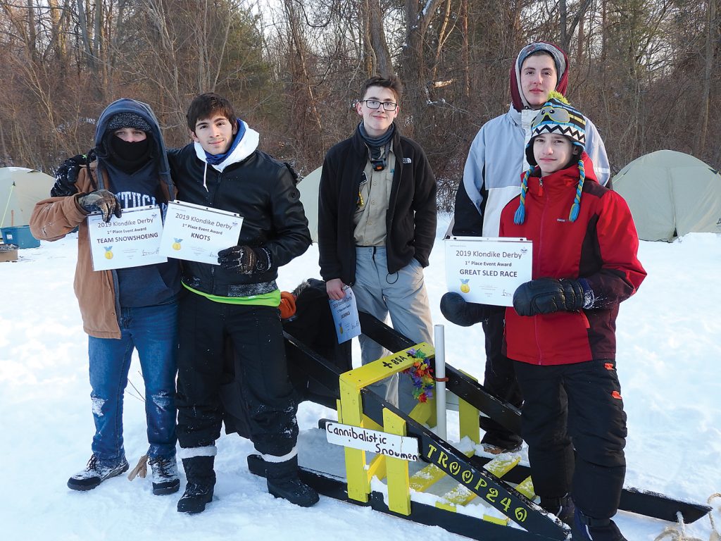 Members of Troop 240 from Greece won the Great Sled Race.