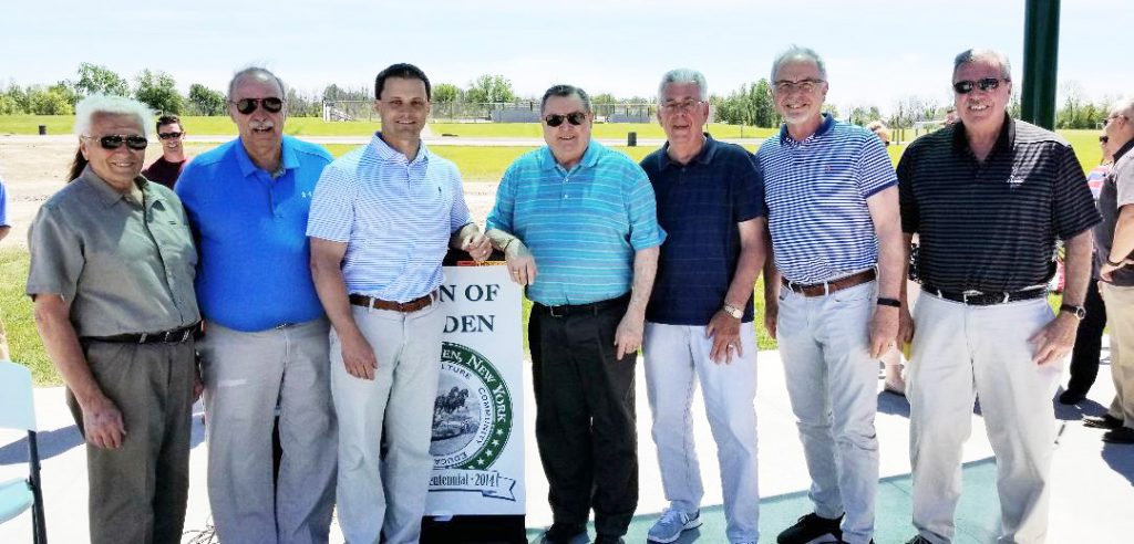 Members of the Town of Sweden Recreation Board were on hand to dedicate the new Splash Pad on Saturday, June 8. Shown (l-r): Wayne Zyra, Charlie Militello, Kevin G. Johnson, Richard Booth, Jack Milner, Chet Fery and Mike Myers. Photo by Dianne Hickerson.
