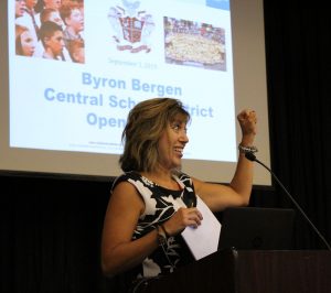 Christine Merle from Whole Child Connection presents to faculty and staff on Byron-Bergen Opening Day. Photo by Gretchen Spittler. 