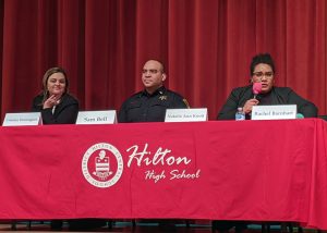  At Hilton High School, Anchor Cristina Domingues from Spectrum News, Captain Sam Bell from the Monroe County Sheriff’s Office, and Monroe County Assistant Public Defender Natalie Ann Knott participate in a panel discussion on racial bias in the media and justice system as part of Public Schools Week.