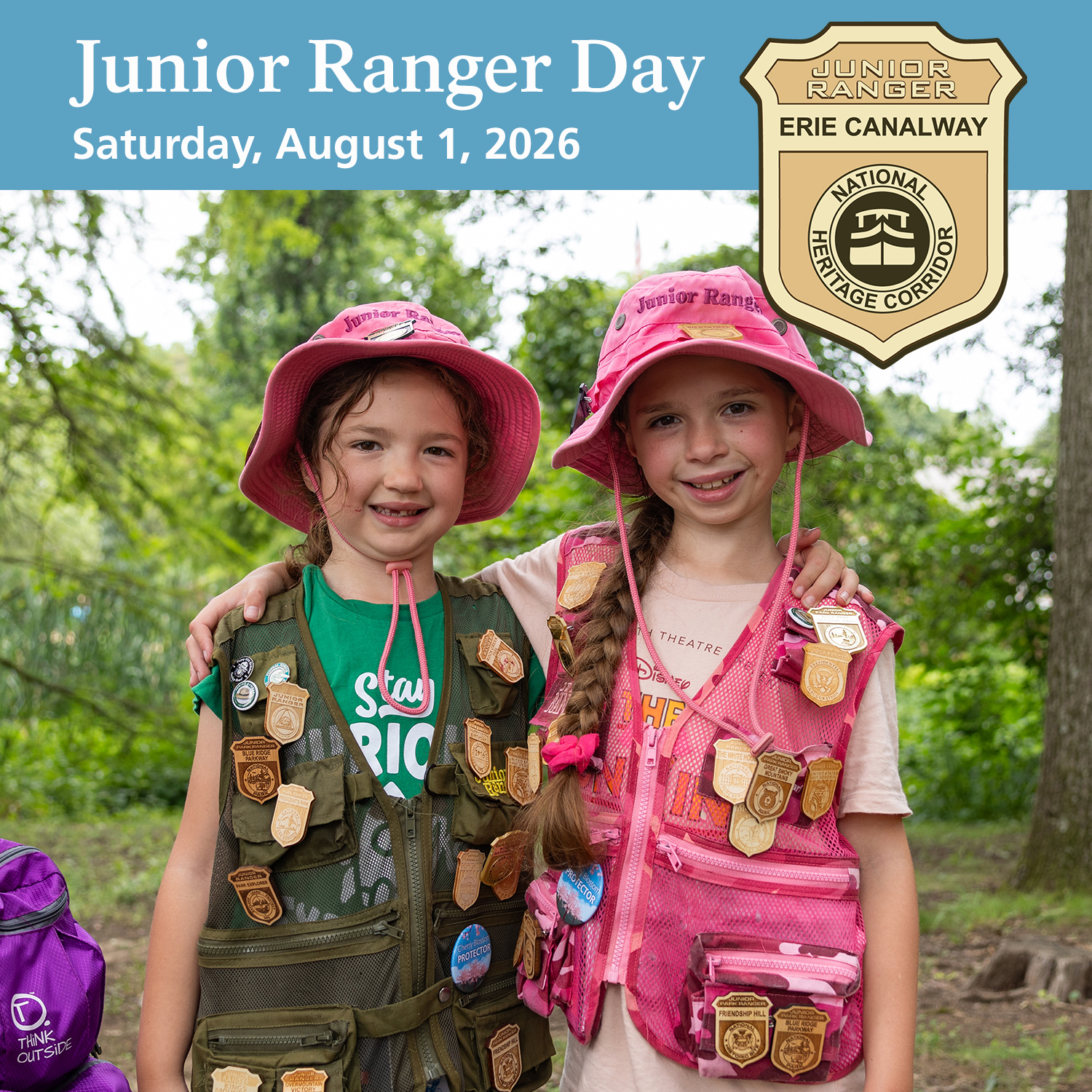 Two Junior Rangers display their Junior Ranger badge collections at Kenilworth Aquatic Gardens during the 2025 Lotus and Water Lily Festival.